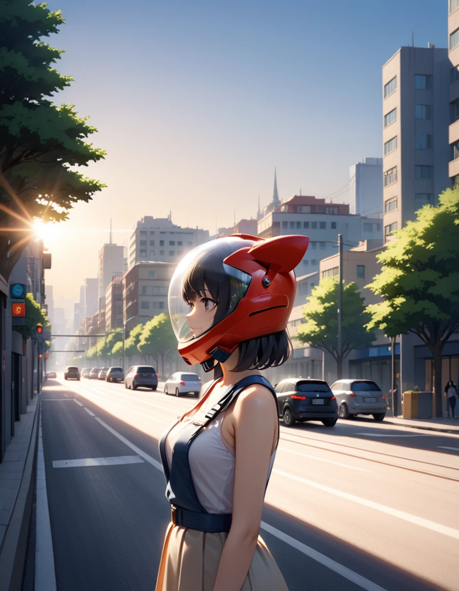 , space helmet ,girl s, 1girl,solo,smile,mediumt light black hair:1.3),standing as a tram passes by in the background of a morning cityscape the tracks beside her, casting soft shadows in the soft morning light. The city should be waking up, with soft light illuminating the buildings, streets and trees. The overall mood should be calm and serene, capturing the peacefulness of the morning in a bustling city,, ,,red helmet, space helme, cat ears, red helmet, from side, upper body, hinata 