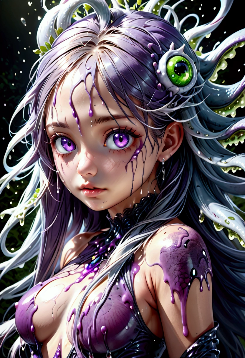 a silver purple slime monster girl, 1girl, slime monster, beautiful detailed eyes, beautiful detailed lips, beautiful detailed face, long eyelashes, slimy skin, dripping slime, glowing eyes, swirling tendrils, flowing hair, intimate pose, fantasy, magical, ethereal, vibrant colors, glowing, cinematic lighting, dramatic atmosphere, (best quality,4k,8k,highres,masterpiece:1.2),ultra-detailed,(realistic,photorealistic,photo-realistic:1.37)