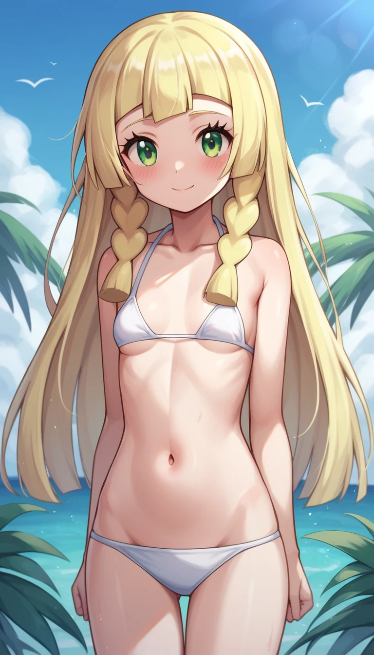 8k, Highly Detailed, Masterpiece, source_anime, best quality, clear face, highres, ultra-detailed, aasaya, sanpaku, long hair, parted bangs,hairclip, ear piercing, small breasts, smile, solo, beach, swim suit, beach towel, open nature, open rear view, only 1 piercing in the ear, splashes, drops of water, warm rays of the sun, atmosphere of fun