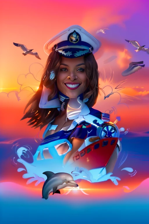 Digital drawing, best quality, 8k, of a woman, a sailor, on a boat at sea, with seagulls around her, dolphins jumping near the boat in a beautiful sunset, the woman with a navy cape and a coat also from her mother saluting, as if she were posing for a photo, with a beautiful smile and the other hand on the joystick