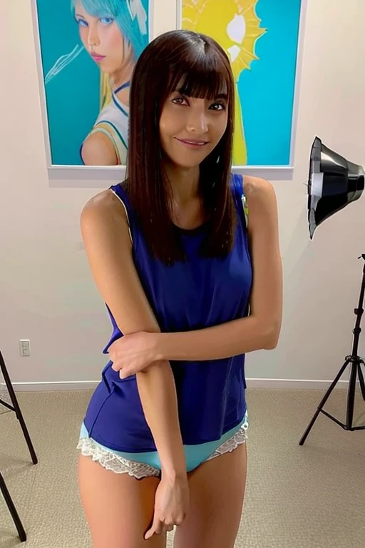 One girl, Beautiful woman,Tank top,Light blue panties, skinny, Perfect body,  Flaxen Hair, Standing in a photo studio with white walls,  Highly detailed face, Beautiful Eyes, Beautiful Lips, double eyelid, A shy smile, Shorn bangs, Sunburned skin, Pubic Hair Tips, (Highest quality, 8k, masterpiece:1.3), front and full body shot, Pussy Line, Positive, Spread your legs wide