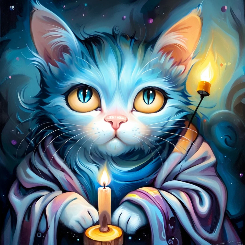 Painting on canvas、Dark Room Background、A small candle light and a cat wrapped in a blanket、Masterpiece、Ultra high definition、3d street art style, style of Jeremiah Ketner