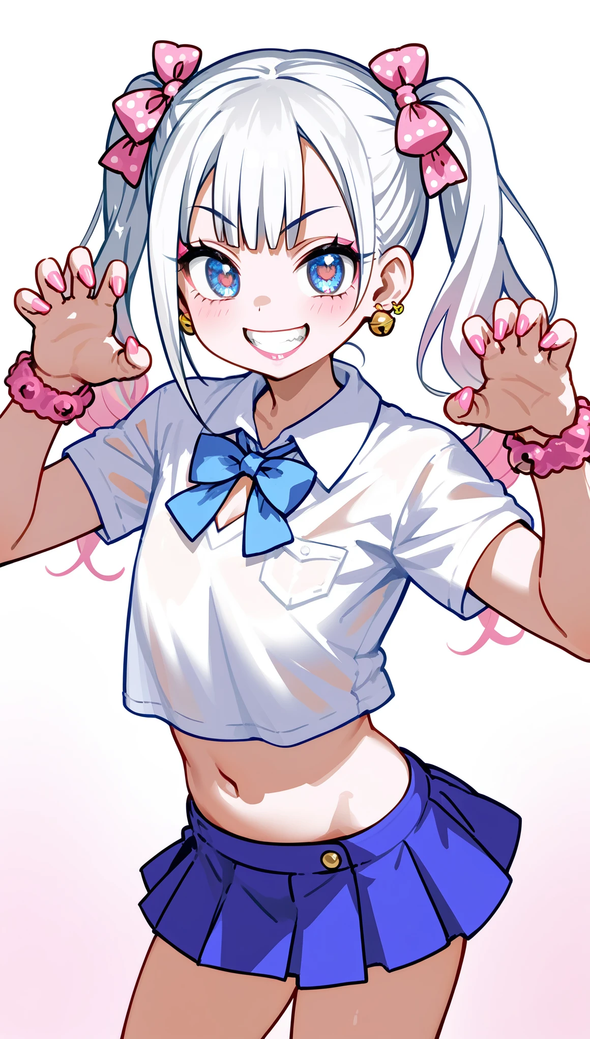 1girl, Anime Girls, (((gyaru))), bimbo, cowboy shot, (animal pose), ((five fingers, perfect hands)),
asanagi style, mesugaki, pale skin, Wicked Smile, evil grin,
twin tails, white Hair, Hair ribbon bell, bimbo, ((dim body)), flat_chest, 
(skimpy clothing), blue short skirt, see-trough white shirt, loose clothing,
looking at viewer, lewd, cute, big eyes, ero, ecchi,
Score_9,Score_8,score_7_up,source_anime, rating_questionable, 
