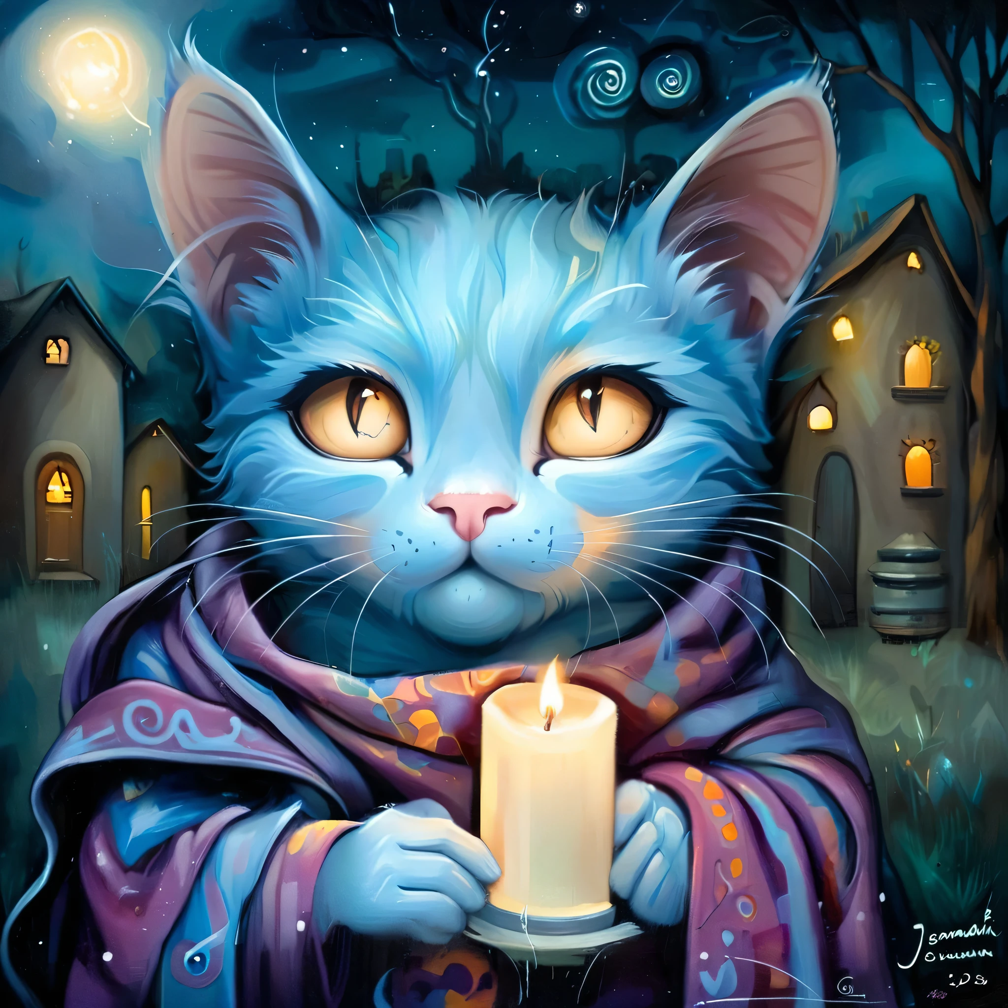 Painting on canvas、Dark Room Background、A small candle light and a cat wrapped in a blanket、Masterpiece、Ultra high definition、3d street art style, style of Jeremiah Ketner