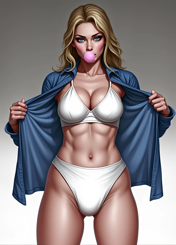 ((masterpiece, best quality)), ((29 year old)), (((Curvy))), ((Buff)), ((Norwegian woman with long blonde hair)), opening up blue shirt to reveal, ((white high cut cotton panties)), white bra, ((Blowing pink bubble-gum)), ((((realistic art style, 50's pinup art))))