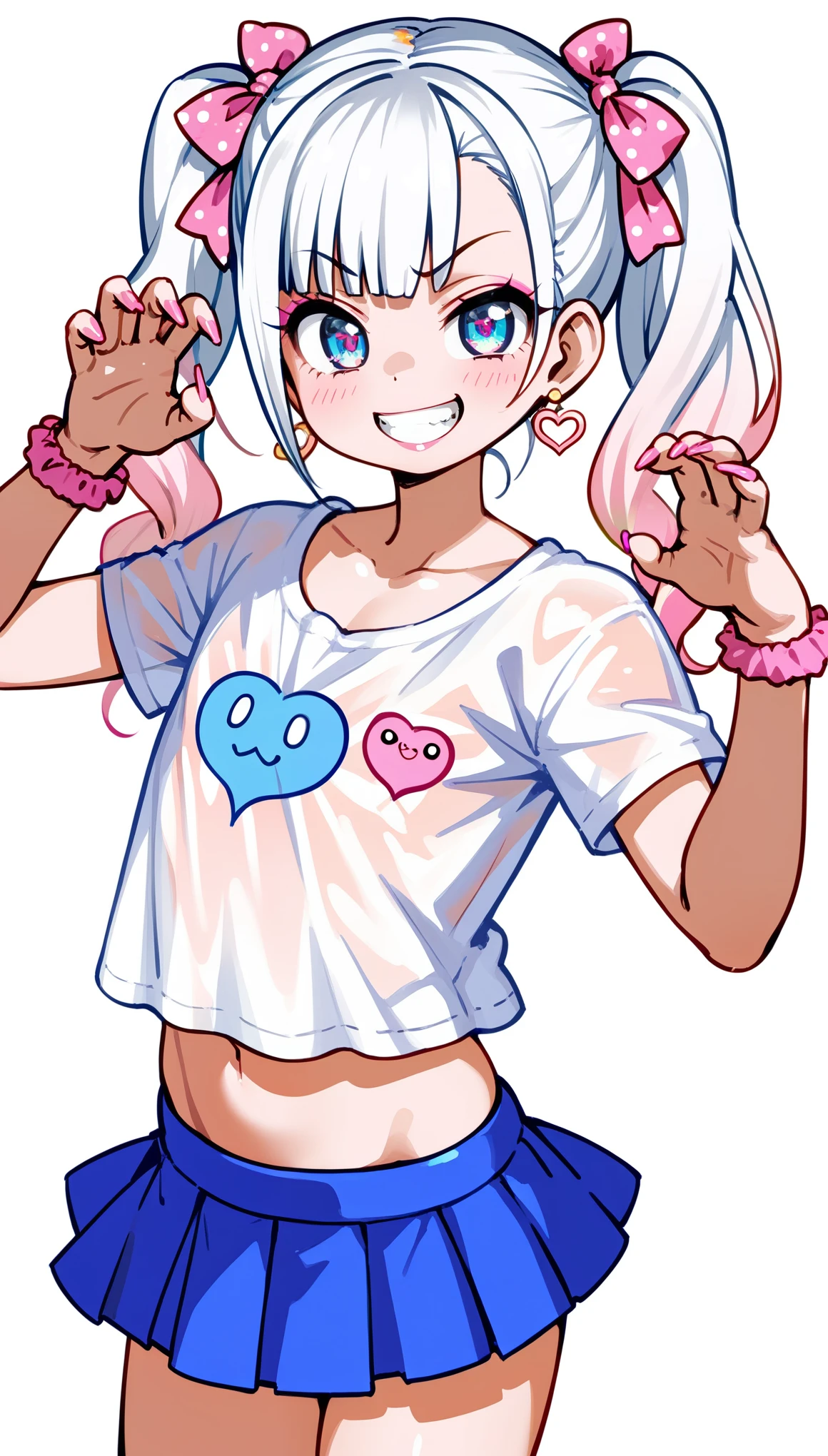 1girl, Anime Girls, (((gyaru))), bimbo, cowboy shot, (animal pose), ((five fingers, perfect hands)),
asanagi style, mesugaki, pale skin, Wicked Smile, evil grin,
twin tails, white Hair, Hair ribbon, bimbo, ((dim body)), flat_chest, 
(skimpy clothing), blue short skirt, see-trough white shirt, loose clothing,
looking at viewer, lewd, cute, big eyes, ero, ecchi,
Score_9,Score_8,score_7_up,source_anime, rating_questionable, 
