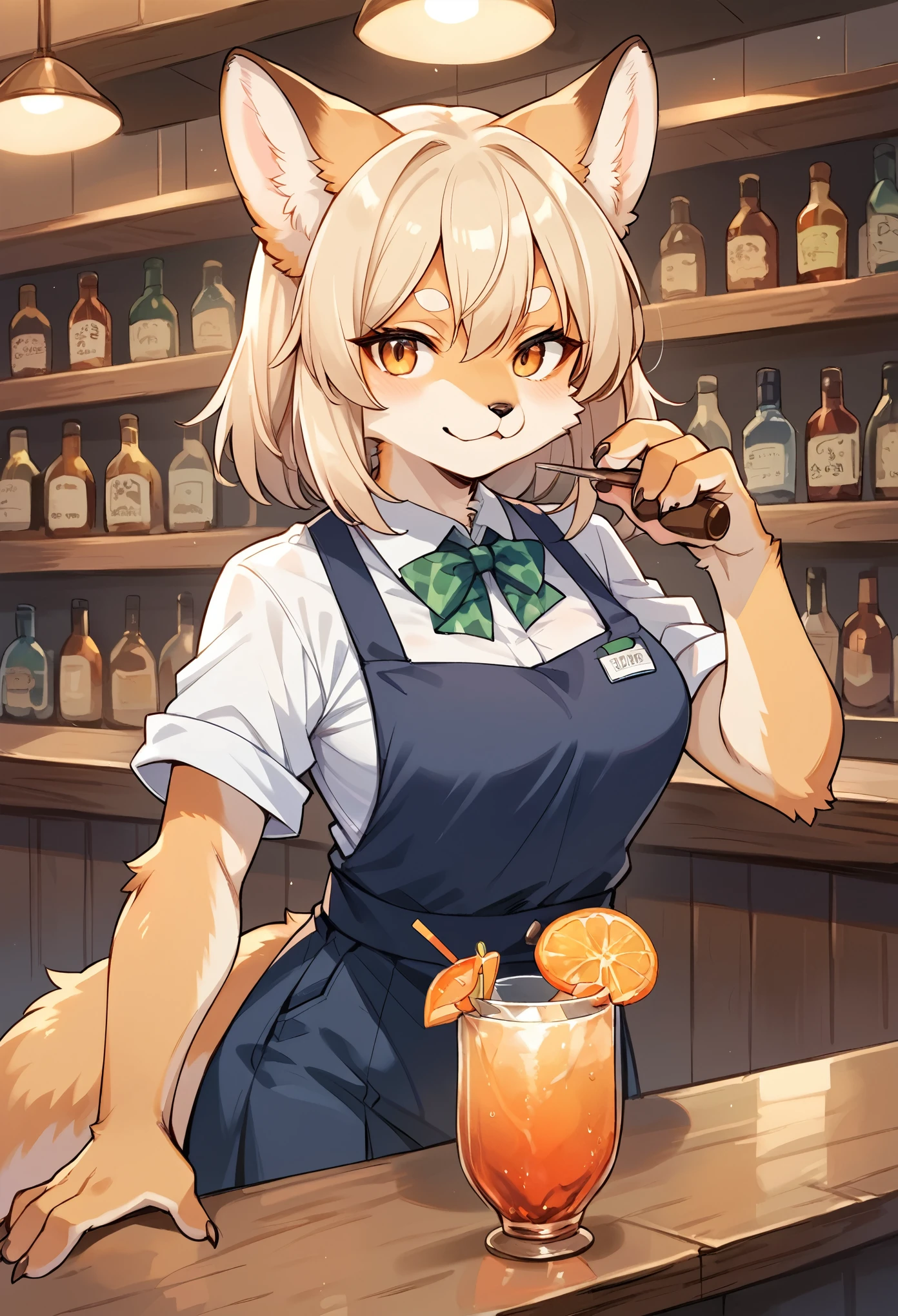 rating_safe, score_9, score_8_up, score_7_up, score_6_up, score_5_up, score_4_up, hires, highres, source_furry(1girl, Solo focus, furry anthro, kemono)bartender, bar, cocktail,