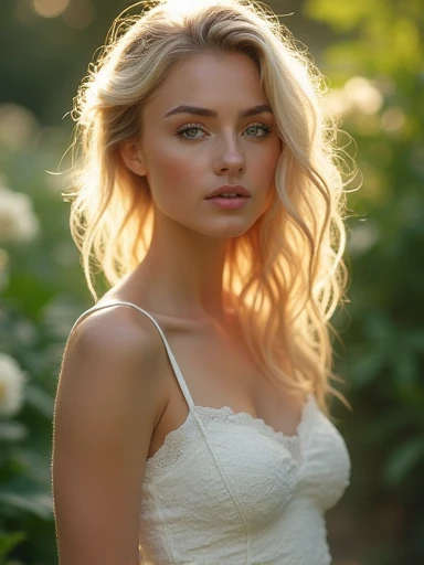 a beautiful woman, realistic, blonde hair, in a lush garden, wearing a flowing white dress, crying, tears in her face, detailed facial features, high quality, detailed skin, (best quality,4k,8k,highres,masterpiece:1.2),ultra-detailed,(realistic,photorealistic,photo-realistic:1.37),HDR,UHD,studio lighting,physically-based rendering,extreme detail description,professional,vivid colors,portrait