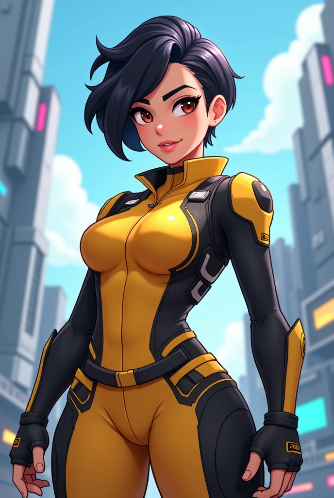 WITHTH YOUR BACK TO THE CAMERA,((ultra quality)), ((masterpiece)), (((best quality, highly detailed ))) highly detailed, score_9, score_8_up, score_7_up, score_6_up,source_Anime,BREAK,gogotomago, 1girl, solo, short hair, (Beautiful face), (beautiful female lips), black hair, brown eyes, purple hair, boots, yellow bodysuit  detailed, black bodysuit ,smile, lipstick, bare shoulder, large breasts, (beautiful female hands), ((ideal female figure)), ideal female body, beautiful waist, gorgeous thighs, beautiful huge breasts, thick thighs, wide hips, city background, sunset, single, solo, smile, closed mouth, half opened eyes, blush, looking at viewer, cowboy shot
