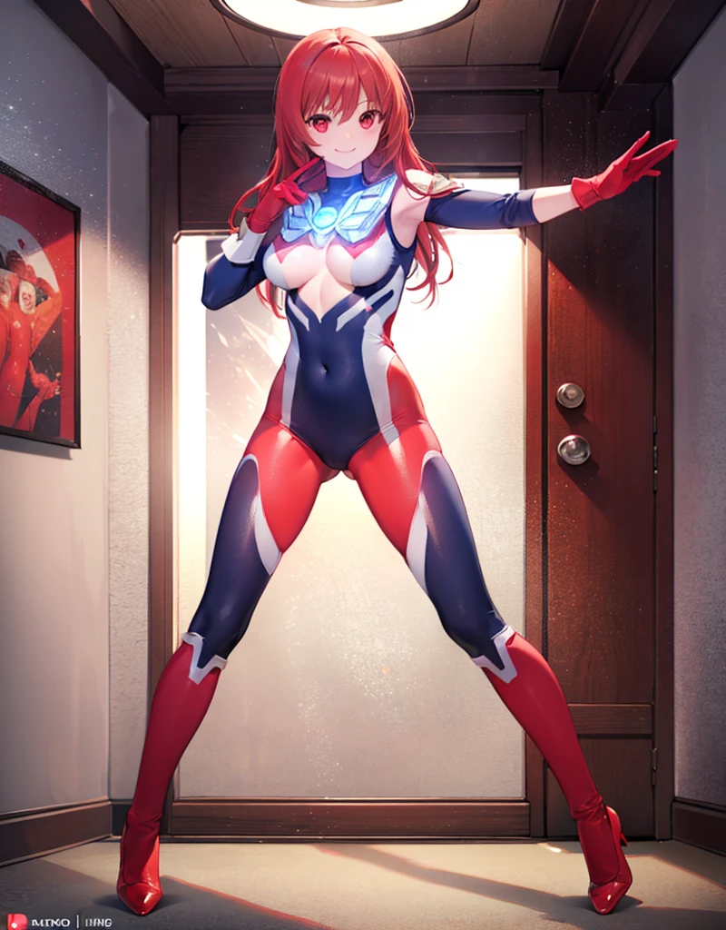 asuka, 1girl, solo, long hair, looking at viewer, smile, open mouth, blue eyes, simple background, orange hair, hair ornament, gloves, hair between eyes, standing, full body, :d, small breasts, from side, two side up, parted bangs, bodysuit, leaning forward, turtleneck, headgear, happy, outstretched arm, pointing, black background, foreshortening, index finger raised, legs apart, pilot suit, bracer, plugsuit, pointing at viewer, red bodysuit, skinny,<lora:1668308323891396345:1>
