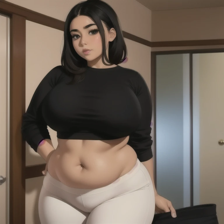 body photo, beautiful detailed, cute face, cute mexican teen, slightly chubby, short black hair, black hair over one eye, long sleeve plain T-shirt, long pants, fat curvy wide hips, solo, voluptuous breasts,