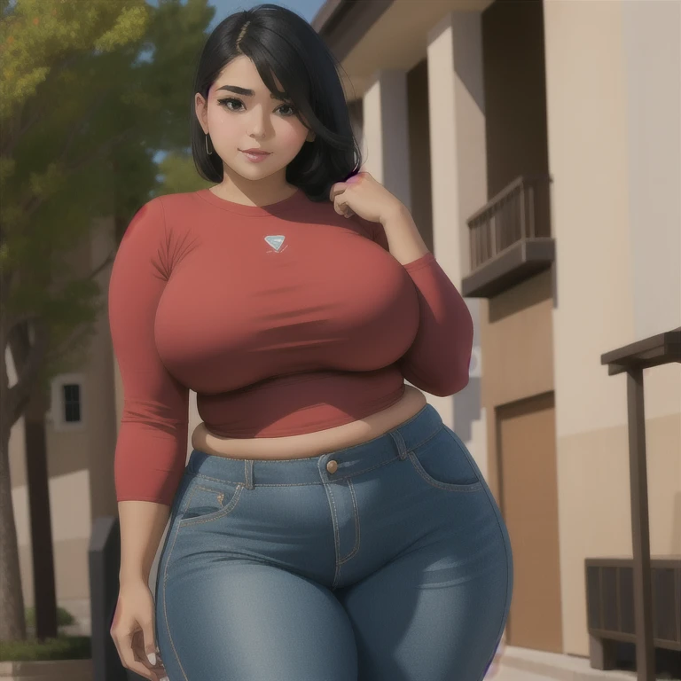 body photo, beautiful detailed, cute face, cute mexican teen, slightly chubby, short black hair, black hair over one eye, long sleeve plain T-shirt, long pants, fat curvy wide hips, solo, voluptuous breasts,