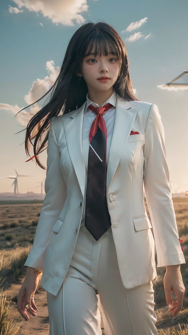 ((Masterpiece, best quality, very detailed), Volumetric light, surrounding occlusion, Rich and colorful, glow), 1 woman, lonely, young girl, (Black bangs), long hair, radius, wind energy, sacred, goddess, CEO vibe, (White suit with Red necktie:1.3), armor, outdoor, sunset, sky, cloud, space, (Fantasy Theme:1.2),