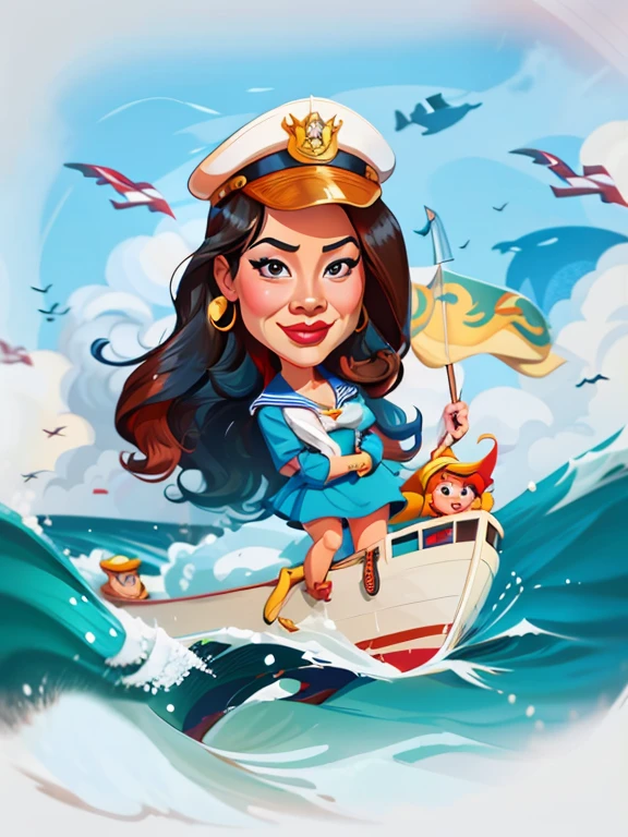 cartoon of a woman in a sailor's hat on a boat, caricature illustration, in cartoon style, charicature, caricature style, caricature!!!, caricatural, cartoon digital art, cartoon artstyle, queen of the sea mu yanling, digital art cartoon, cartoon portrait, chibi, caricature, cartoon digital painting, stylized digital illustration, professional illustration, 8k