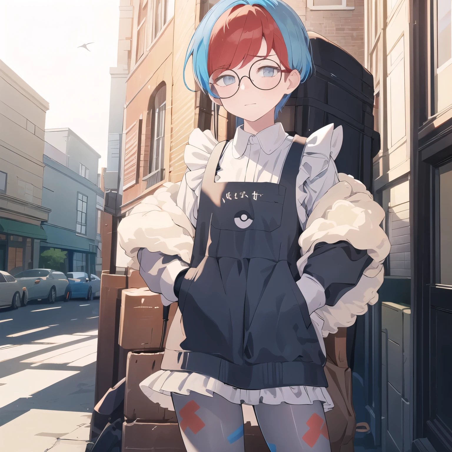 ((masterpiece,best quality)), absurdres,   Penny_Pokemon, 1girl, multicolored hair, two-tone hair, red hair, blue hair, grey eyes,  round eyewear, grey pantyhose, hand in my pocket, solo, Embarrassed, {maid:1.40}, {maid dress:1.15}, frilled apron, looking at viewer,  cowboy shot, contrapposto,   