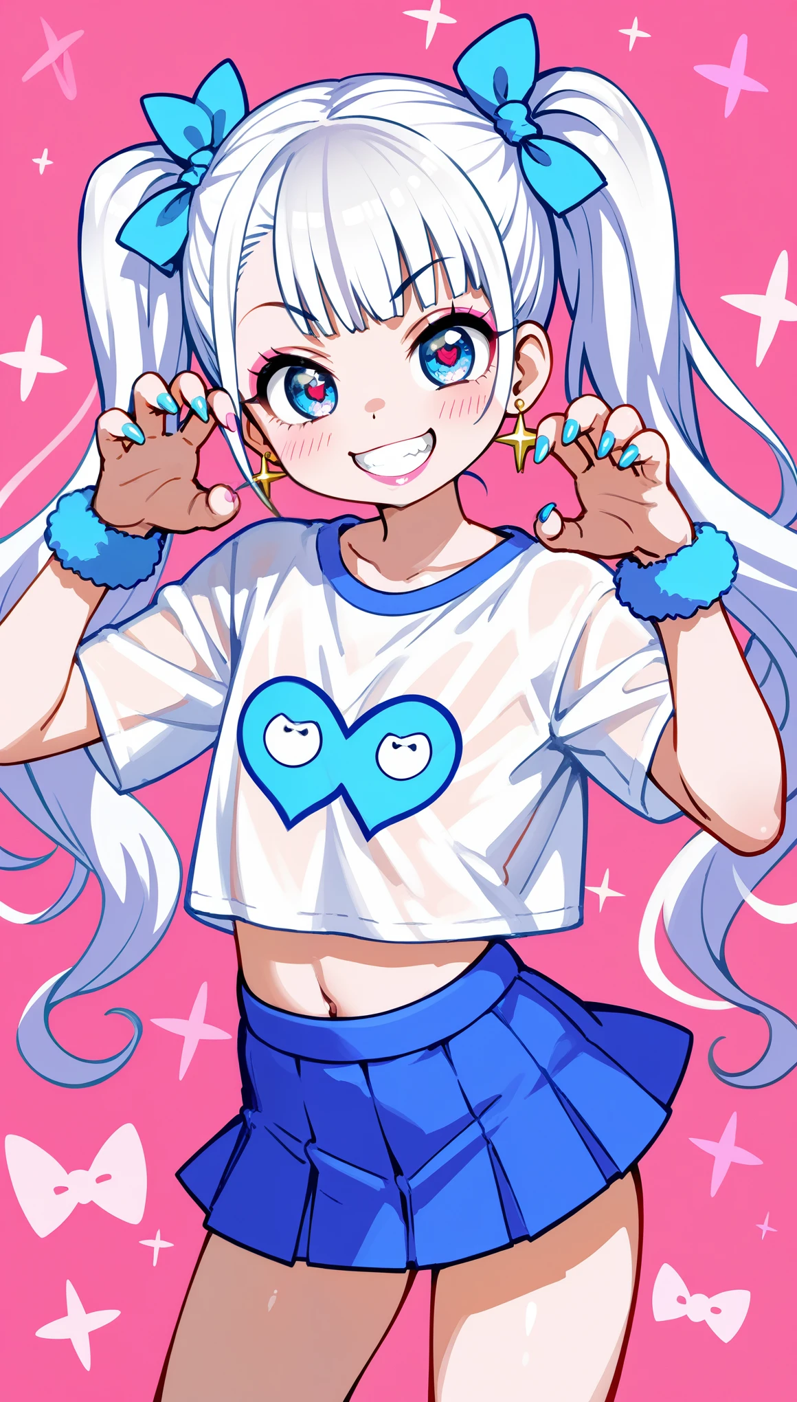 1girl, Anime Girls, (((gyaru))), bimbo, cowboy shot, (animal pose), ((five fingers, perfect hands)),
asanagi style, mesugaki, pale skin, Wicked Smile, evil grin,
twin tails, white Hair, Hair ribbon, bimbo, ((dim body)), flat_chest, 
(skimpy clothing), blue short skirt, see-trough white shirt, loose clothing,
looking at viewer, lewd, cute, big eyes, ero, ecchi,
Score_9,Score_8,score_7_up,source_anime, rating_questionable, 
