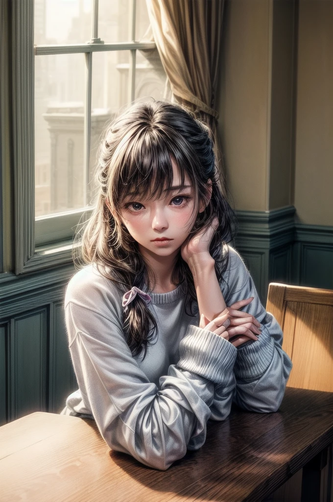 tableトップ, Highest quality, One Girl, alone, Medium Hair, window, Sitting, indoor, table, Sleeves are longer than the wrist, Cafe, Hair Ribbon, Headrest, Mouth closed, Blue sweater, Upper Body, (Perfect Anatomy:1.2)、Very large breasts
