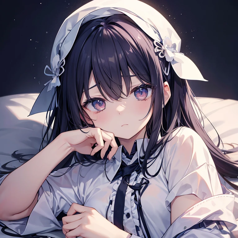NSFW,((1man with 1woman,Having sex)),寝そべっている,vaginal penis,A dark-haired,small tits,Bare breasts,Smile with open mouth,masterpiece, top-quality, Hi-Res, Celia Clare, white capelet, beret