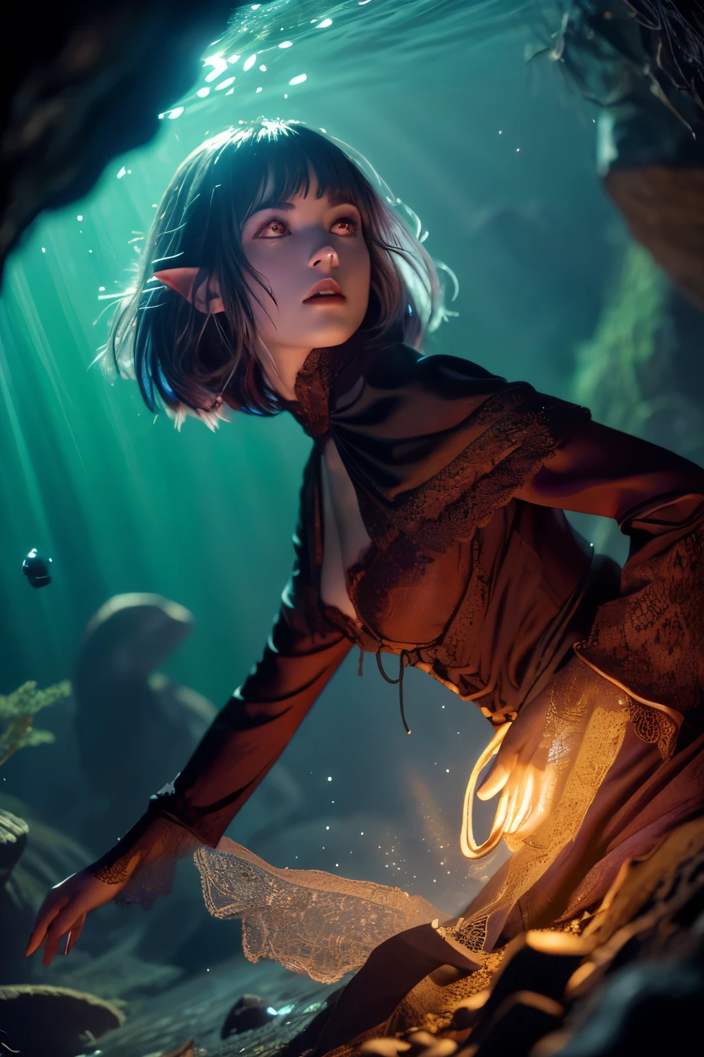 (Ultra-detailed face, looking away, Fantasy Illustration with Gothic, Ukiyo-e, Comic Art, Rich colors), 
BREAK 
(Here we are underwater, 10 meters below the surface. An angle looking up at the surface of the water from below. The surface of the water is backlit by the intense and very glaring sunlight. The backlight is like a beam of light.:1.3), 
BREAK 
(The female dark elf ranger is trying to dive into the water by breaststroke while looking up at the surface. Her face is backlit and her face is in shadow.), 
BREAK 
(A middle-aged dark elf woman with silver color hair, blunt bangs, very long disheveled hair and dark purple color skin, lavender color eyes.), 
BREAK 
(The dark elf female ranger is wearing a lacy silk red smock dress, her feet barefoot.)