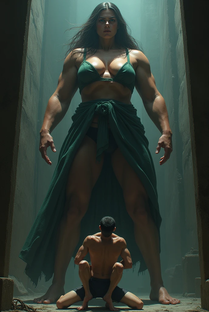 Very tall woman makes men kneel and lifts a man into the air