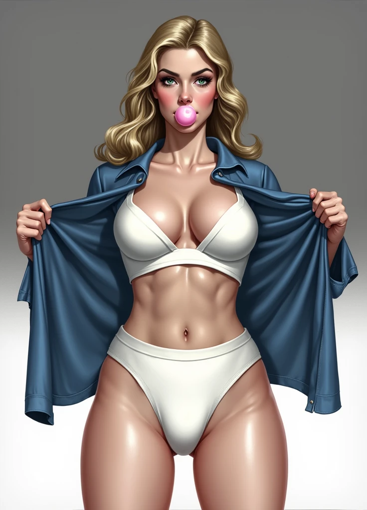 shaggy bearded woman hairy all over, blond hair, hair on chest and hands, pink fur coat