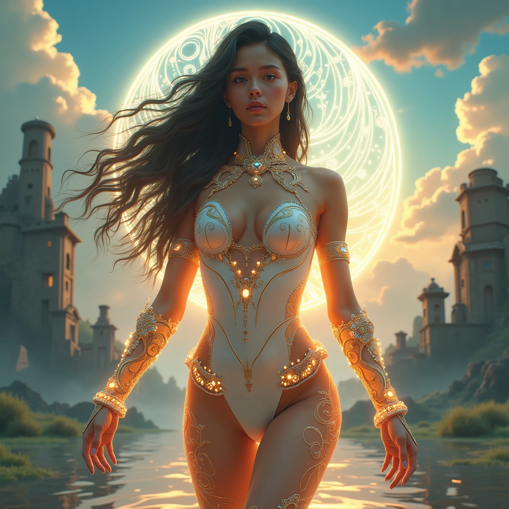 An image of a serene dark-skinned woman meditating atop a floating island surrounded by ethereal mist and glowing crystals, illuminated by a soft, magical light, extremely detailed, ultra realistic, 10k high resolution, in the style of digital art, watercolor, and ink drawing, influenced by Fantasy Art, Impressionism, and Symbolism.
