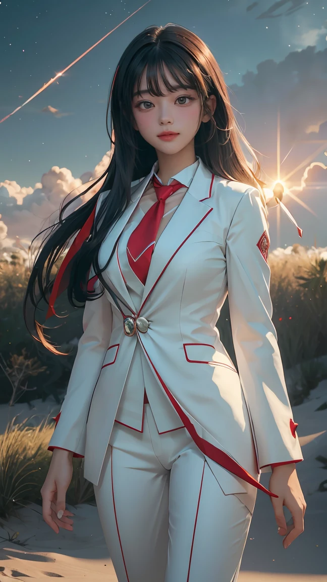 ((Masterpiece, best quality, very detailed), Volumetric light, surrounding occlusion, Rich and colorful, glow), 1 woman, lonely, young girl, (Black bangs), long hair, radius, wind energy aura, a light particle, green swiftly wind, sacred, goddess, CEO vibe, (White suit with Red necktie:1.3), armor, outdoor, sunset, sky, cloud, space, (Fantasy Theme:1.2),