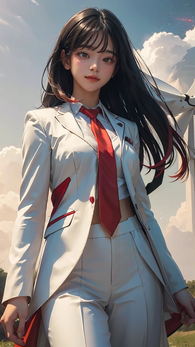 ((Masterpiece, best quality, very detailed), Volumetric light, surrounding occlusion, Rich and colorful, glow), 1 woman, lonely, young girl, (Black bangs), long hair, radius, wind energy aura, a light particle, green swiftly wind, sacred, goddess, CEO vibe, (White suit with Red necktie:1.3), armor, outdoor, sunset, sky, cloud, space, (Fantasy Theme:1.2),