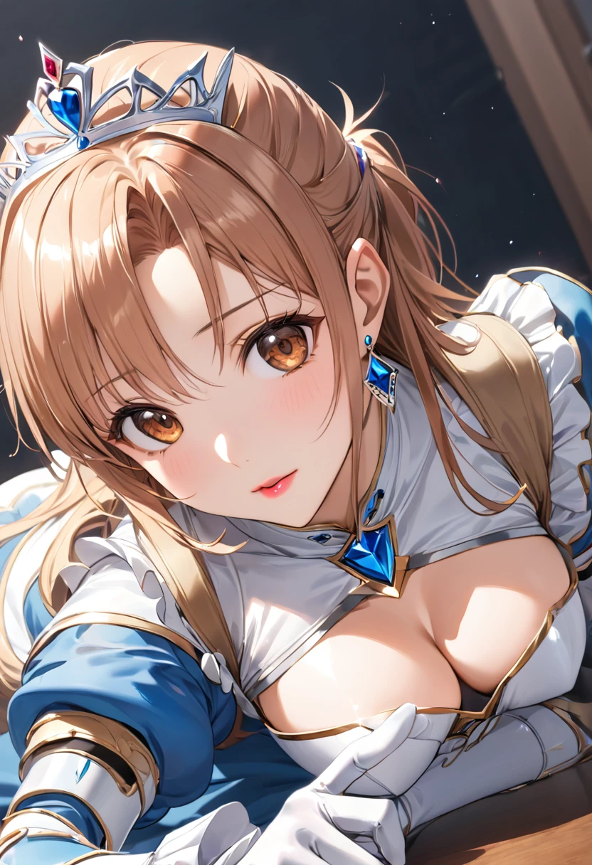 ((masterpiece)), Highest quality, Very detailed,(One Girl), Asuna \(star\), dress, gloves, jewelry, Cleavage, Princess,elbow gloves,tiara,brooch,white gloves、Adult female、thin、so beautiful、Beautiful Face、Maid Skirt、(((Blue and white armor、breastplate、Shiny Armor:1.2)))、Has a bow、Gold earrings、Brown Hair, Brown eyes, Pink Lips、whole body