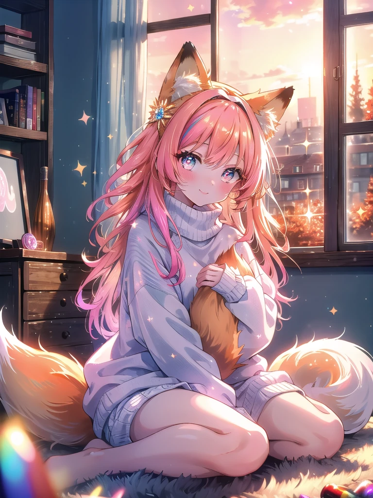 ((8k, Highest Quality, Masterpiece: 1.3)), Ultra High Resolution, (One Girl, One Person), (Color Changing Eyes, Super Detailed, Expressive Sparkle, Glitter, Glowing Eyes), Highly Detailed Eyes, Highly Detailed Face, Random Hair, ((Pastel Colors)),A scene of a woman enjoying fox cosplay in a room. The room has a lot of wooden furniture and warm lighting, creating a calm atmosphere. The woman is wearing an orange fox ears headband and a fluffy fox tail, and is casually dressed in a white fluffy sweater and shorts. She is sitting on the floor, posing as if she is holding her tail on her lap, and looking at the camera with her eyes slightly upwards. Her expression is a mischievous smile, and there is a slight flush on her cheeks, giving her a sense of cuteness and cunning that is typical of a fox. The time of day is evening, and the soft orange sunset shining in through the window casts shadows on her hair and tail, emphasizing the warmth of the whole scene.