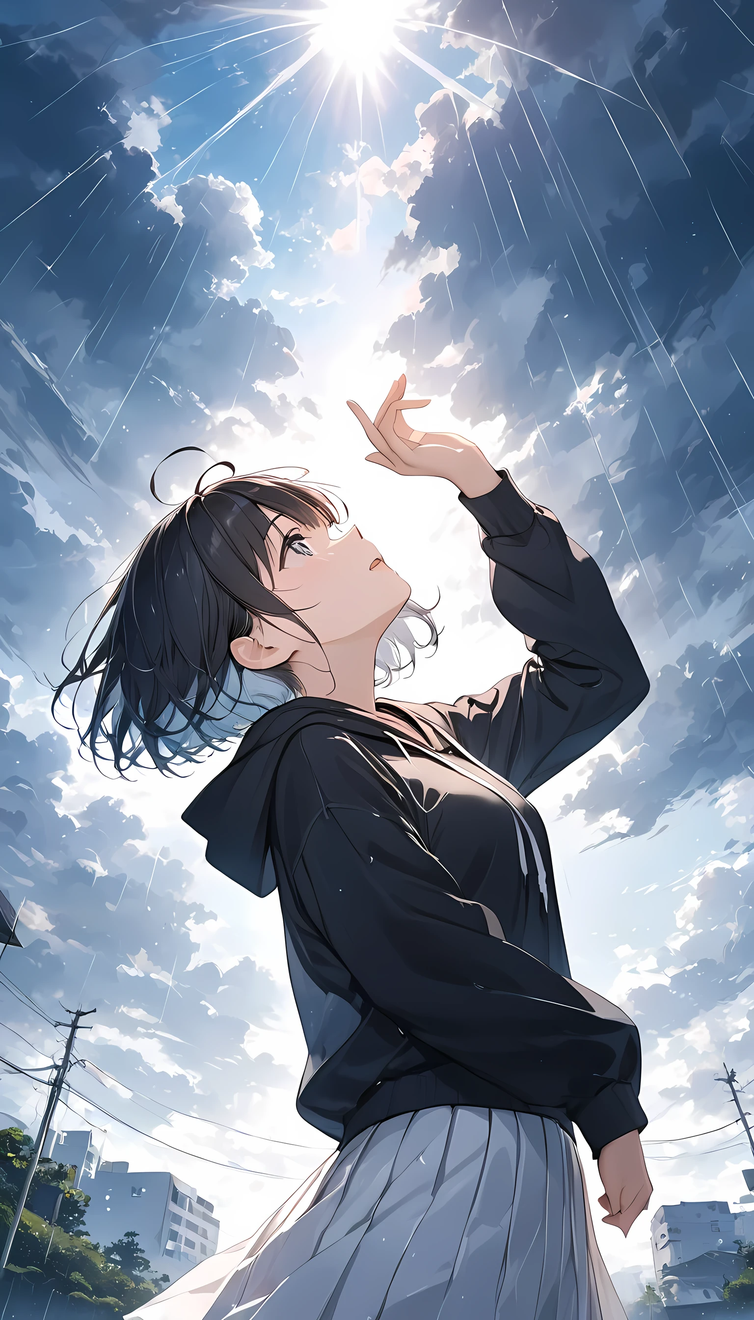 Anime girl reaching up to the sky with her hand - SeaArt AI