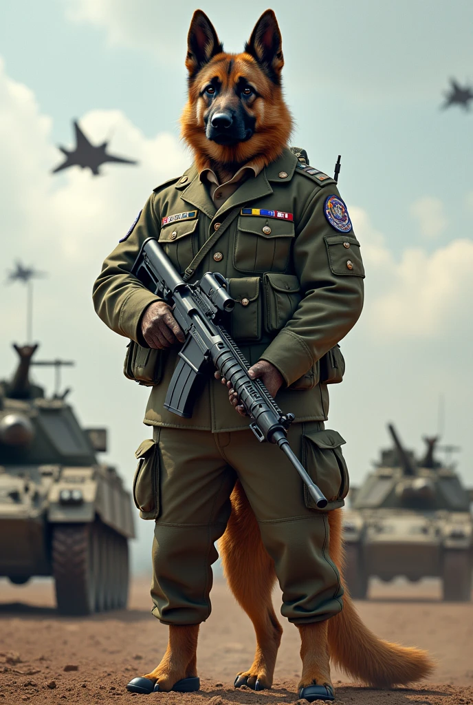 Corgi wearing camouflage uniforms and gloves and holding a gun