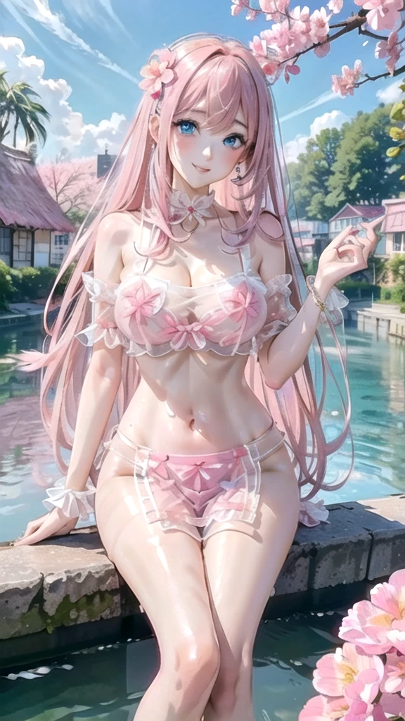 (((masterpiece, ultra HD, 8K quality))), (((clear and bright image))), anime, 1 woman, (((beautiful woman))), (((shining Pink Straight Hair, bangs))), (((shining attractive eyes))), ((((beautiful Blue eyes))))), (((eye highlights))), ((very long eyelashes, pale pink lips)), (((very large breasts))), cleavage, (((Bold and sexy poses))), looking at the viewer, navel, (((Beautiful smile))), water, thighs, bare shoulders, front tie top, arm support, narrow, ((((Pink see-through love uniform, Pink flower hair ornament))), bare feet, collarbone, neck ribbon, halter neck, water's edge, Earrings, necklaces, bangles, rings, anklets, (((Water Cottage in the background)))
