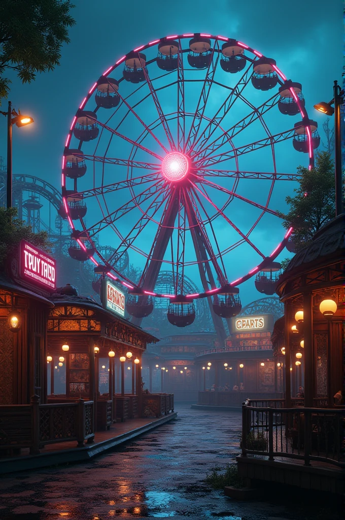 Create a horror-style toy park image, inspired not "Five Nights at Freddy's: Security Breach". The park should have a futuristic and somewhat dark design., with an atmosphere of abandonment and mystery. Include a large illuminated Ferris wheel with flashing lights, roller coasters with worn metal structures, and a central stage with robotic-style animatronics. Add fun areas like an antique carousel and a broken mirror maze. Colors should be a mix of vibrant neons and dark tones to create a dramatic contrast.. Don't forget details like eerie ambient lighting and worn-out elements to reinforce the feeling of a disused and unsettling park..