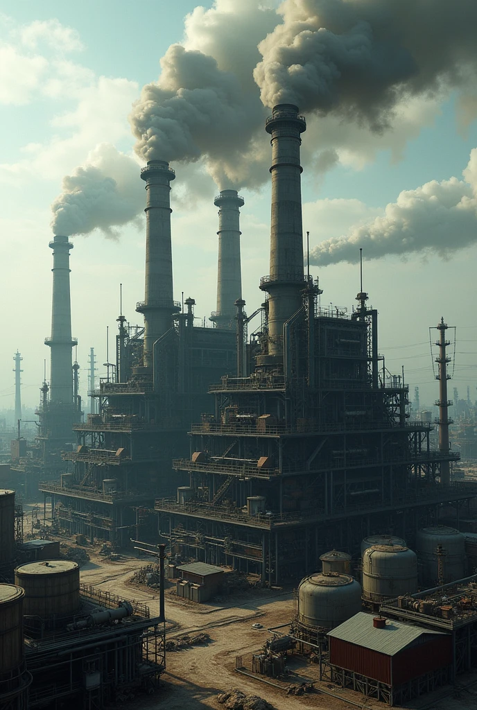 (extremely detailed and high quality CG unity 8k wallpaper) industrial chimneys (belching smoke into the air), (factory settings, industrial waste, steel structures):0.8