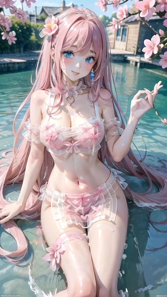 (((masterpiece, ultra HD, 8K quality))), (((clear and bright image))), anime, 1 woman, (((beautiful woman))), (((shining Pink Straight Hair, bangs))), (((shining attractive eyes))), ((((beautiful Blue eyes))))), (((eye highlights))), ((very long eyelashes, pale pink lips)), (((very large breasts))), cleavage, (((Bold and sexy poses))), looking at the viewer, navel, (((Beautiful smile))), water, thighs, bare shoulders, front tie top, arm support, narrow, ((((Pink see-through love uniform, Pink flower hair ornament))), bare feet, collarbone, neck ribbon, halter neck, water's edge, Earrings, necklaces, bangles, rings, anklets, (((Water Cottage in the background)))
