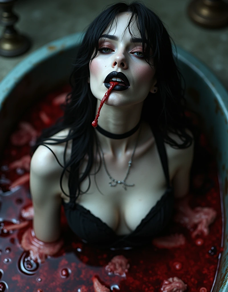 Succubus character, Devil horns, Realistic, Abyss scene, Very beautiful face, Very fine grain, Red glowing eyes, Pink long hair, Sexy Body, Large Breasts, Big Ass, Detailed skin,lots of red gems, Sensual lighting,((( She is being made to cum)))