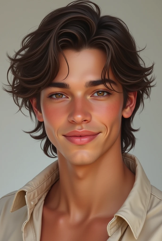male, 30 years old, messy light brown hair, big bright eyes, curious posture, enthusiasm, amber skin tone, infectious smile, light freckles on nose and cheeks