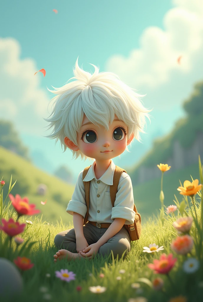 A white boy who is 7 years old with grey white hair and crimson eyes also wearing a coat