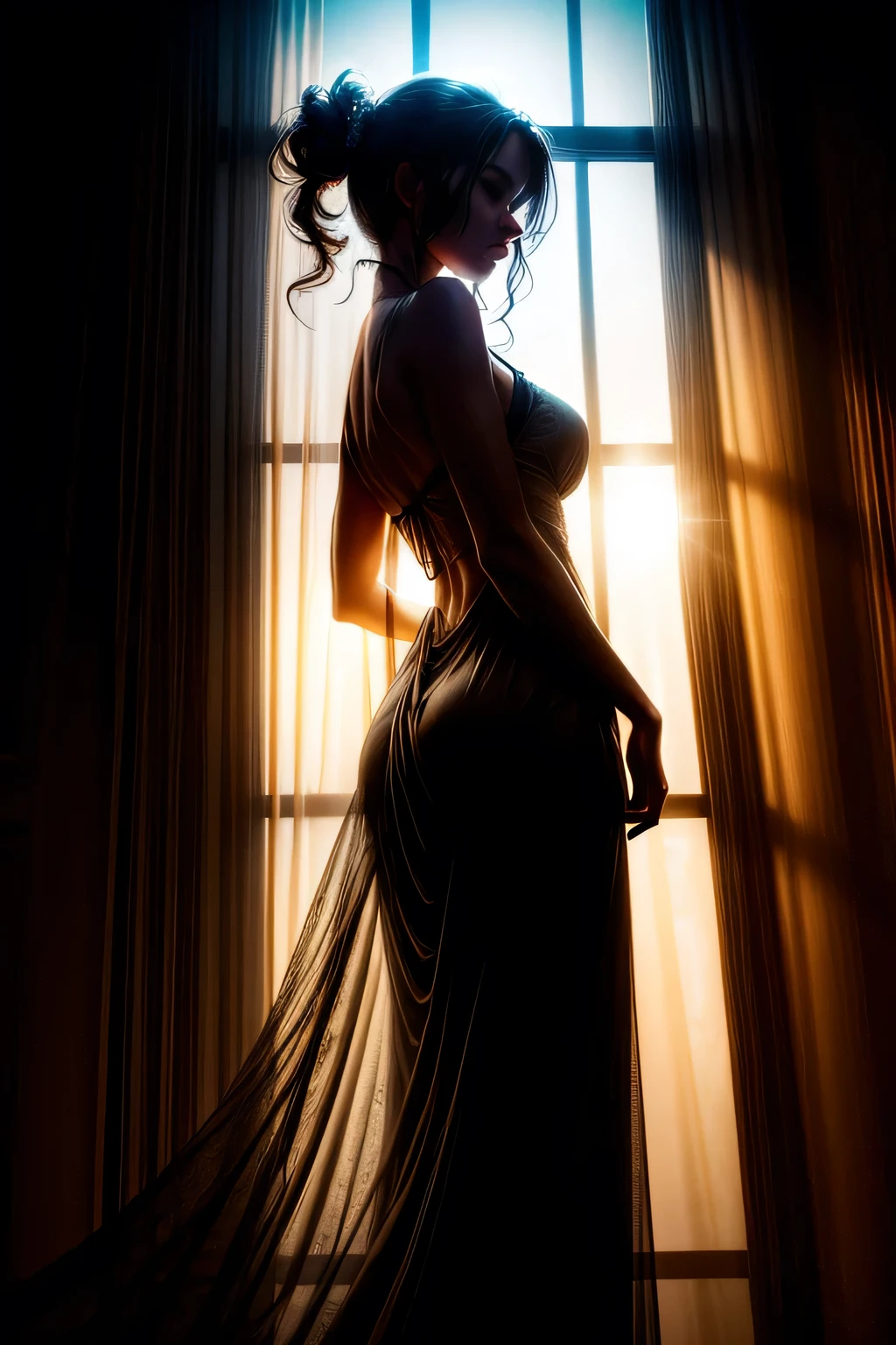 araffe woman in a sheered dress standing in front of a window, sensual woman, ethereal back light, soft window light, near the window, soft backlight, dramatic backlight, softly backlit, backlight, soft light from the side, soft backlighting, backlighted, soft light from the window, back light, near a window, dramatic backlighting