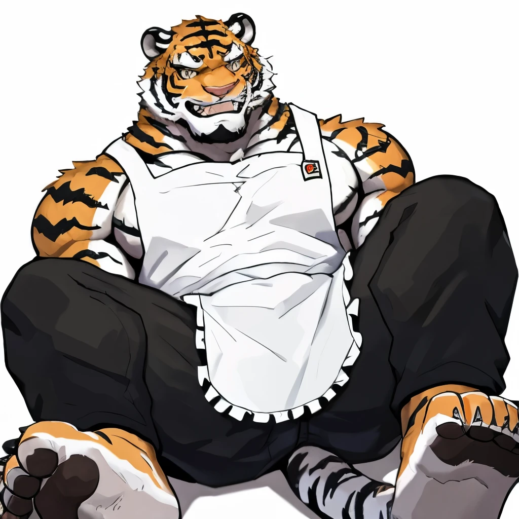 1 boy, solitary, anthropology, White Tiger, hairy, Black and white fur, Where people gather，Sparkling eyes, Pink Macho，Have abdominal muscles，muscular, Handsome, apron, Black pants, White shirt, lie on the floor, Sneer，Showing tiger teeth, high quality, Super Detail, 1080P, high quality, high quality, best quality, 8K, Super Detail, 16K, White background