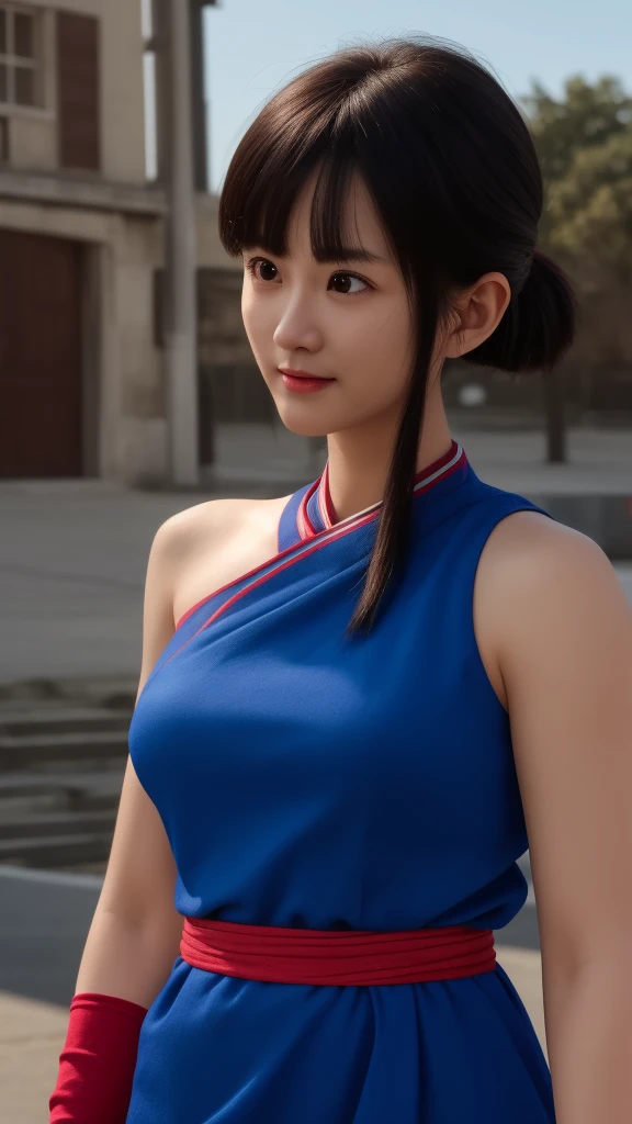 chichi, 1girl, solo, black eyes, black hair, blunt bangs, sidelocks, low ponytail,
china dress, blue dress, sleeveless, red sash, wristband, bare shoulders,
smile,closed mouth,cowboy shot, full body
city ,outdoor, sunny, light on face
(insanely detailed, beautiful detailed face, masterpiece, best quality) cinematic lighting, (insanely detailed, beautiful detailed face, masterpiece, best quality) cinematic lighting, (photo realistic:1.4), (hyper realistic:1.4), (realistic:1.3), (smoother lighting:1.05), (increase cinematic lighting quality:0.9), 32K