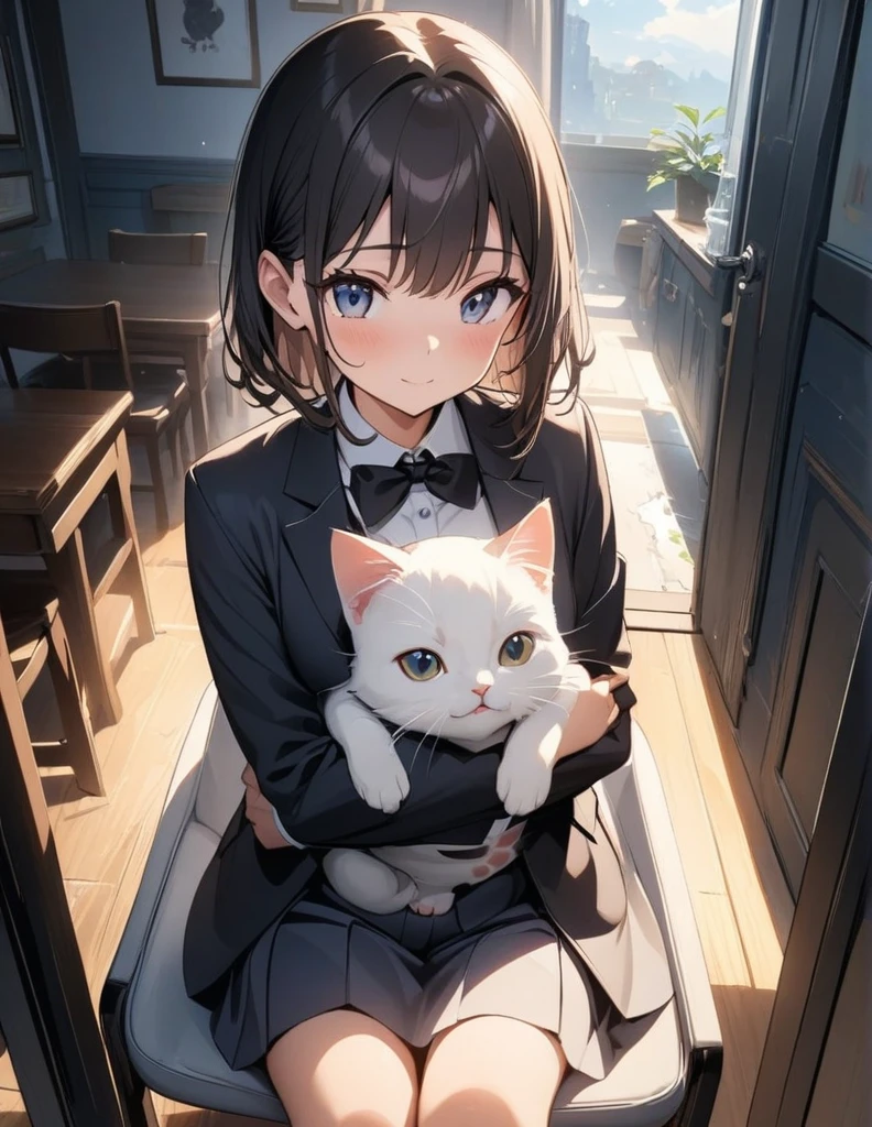 masutepiece, of the highest quality: 1.2), Cute and delicate eyes, Neat face, School uniform, Blue tie, (Black socks: 1.4), Holding a cat, in 8K