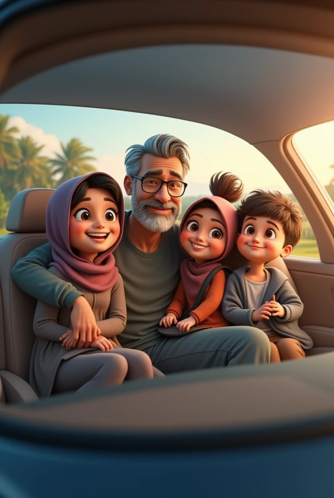Cartoon asian man with glasses and beard together with hijab woman wearing glasses with son in Alza car