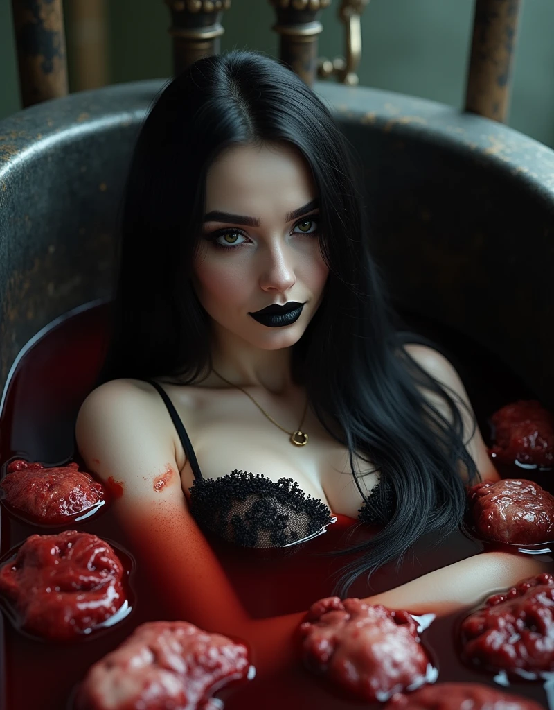 A bathtub filled with blood, bloody darkness and a gothic queen in an black large aristocratic dress. Demonic smile, scary and gothic atmosphere