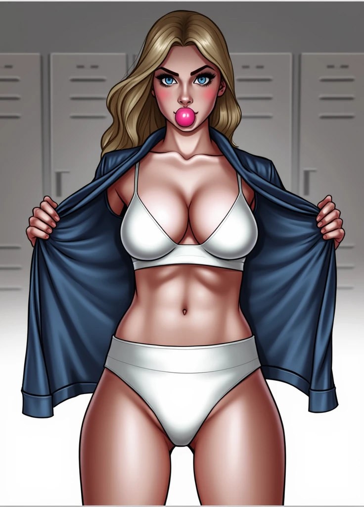 Blonde woman in blue sweater and white cotton panties, blowing bubble gum, anime art style, intricate details