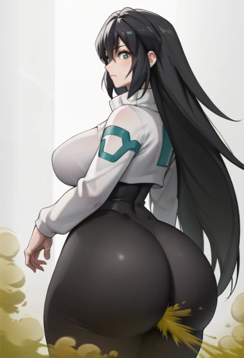 Highest quality, masterpiece, High Resolution, 1 girl, May, Ass, hyper Ass, huge Ass, big ass, wide hip, gbd_may, 1girl, aqua eyes, long hair, black hair, very long hair, bangs, large breasts, green eyes, shrug (clothing), white breast black bodysuit,  fart, farting, yellow_smoke, yellow_gas, sprays,