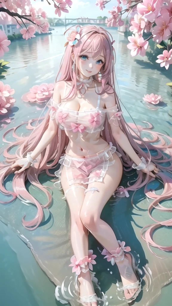 (((masterpiece, ultra HD, 8K quality))), (((clear and bright image))), anime, 1 woman, (((beautiful woman))), (((shining Pink Straight Hair, bangs))), (((shining attractive eyes))), ((((beautiful Blue big eyes))))), (((eye highlights))), ((very long eyelashes, pale pink lips)), (((very large breasts))), cleavage, (((Bold and sexy poses))), looking at the viewer, navel, (((Beautiful smile))), water, thighs, bare shoulders, front tie top, arm support, narrow, ((((Pink see-through love uniform, Pink flower hair ornament))), bare feet, collarbone, neck ribbon, halter neck, water's edge, Earrings, necklaces, bangles, rings, anklets, (((Water Cottage in the background)))
