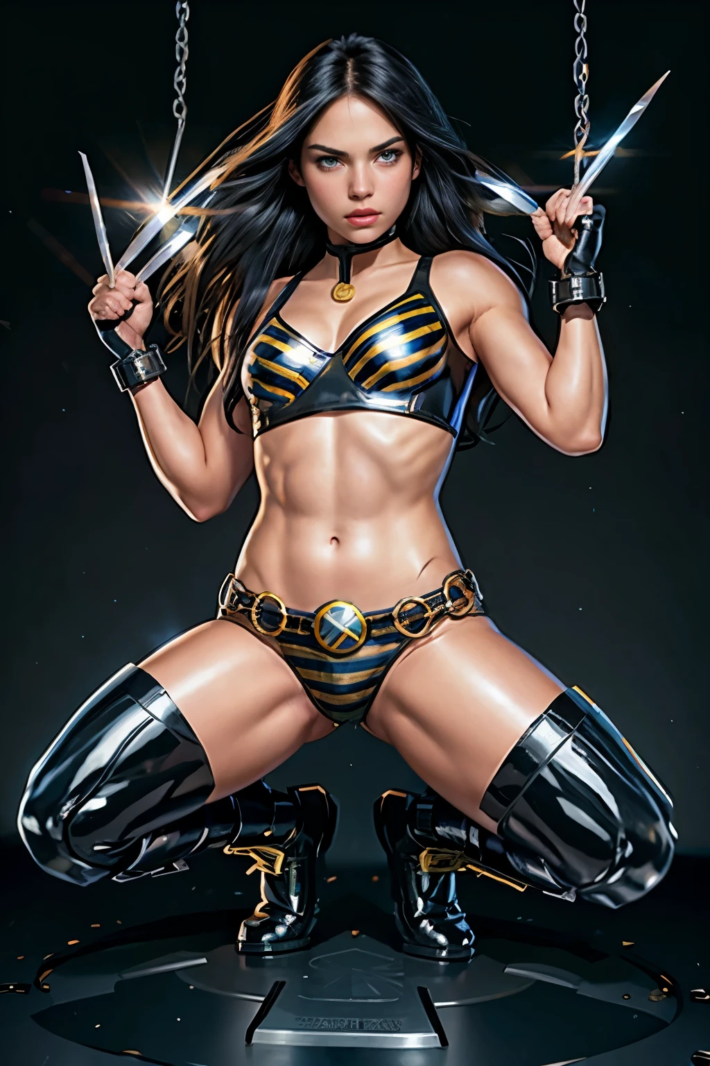 (captured heroine:1.4)、(Handcuffs、Shackles:1.4)、((Highest quality)), ((masterpiece)), (Familiar), Perfect Face X-23 X-Men,Laura Kinney,alone,Tank top,Striped panties,transparent,Please put your hands up,Leg spread,squat,From below,