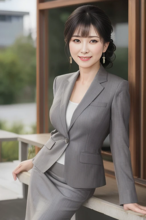 Masterpiece, best quality, photo quality, 4K high resolution, beautiful Japanese mature woman, sexy mature woman, eyes are detailed, facial expression is detailed, perfect lighting, wearing a grey business suit, wearing a grey cotton tight skirt, (wearing high heels: 1.1), smiling, round face, updo, bangs, droopy eyes, kind eyes,